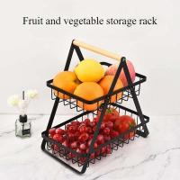 Cesta de frutas portátil de 2 capas, cesta de metal rectangular desmontable con mango de madera, organizador de cocina - details 0