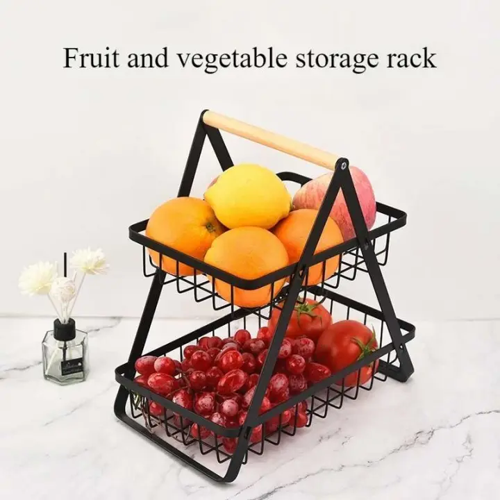Cesta de frutas portátil de 2 capas, cesta de metal rectangular desmontable con mango de madera, organizador de cocina - 1