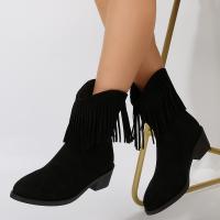 Nuevo Botas Retro de gamuza con borlas para mujer, botas a la moda con punta redonda y tacón grueso, botas cortas ajustadas de vaquero occidental - details 0
