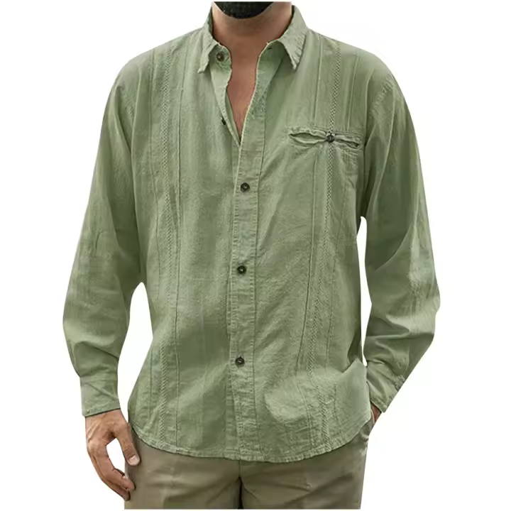 Camisas Casuales de Lino y Algodón Manga Larga, Cuello de Playa Cubana Camp, Estilo Otoñal, Camisas para Hombres - 1