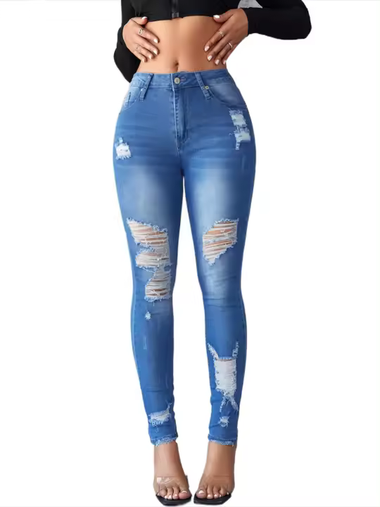 Vaqueros ajustados rotos para mujer, pantalones de oficina únicos con agujeros - 1