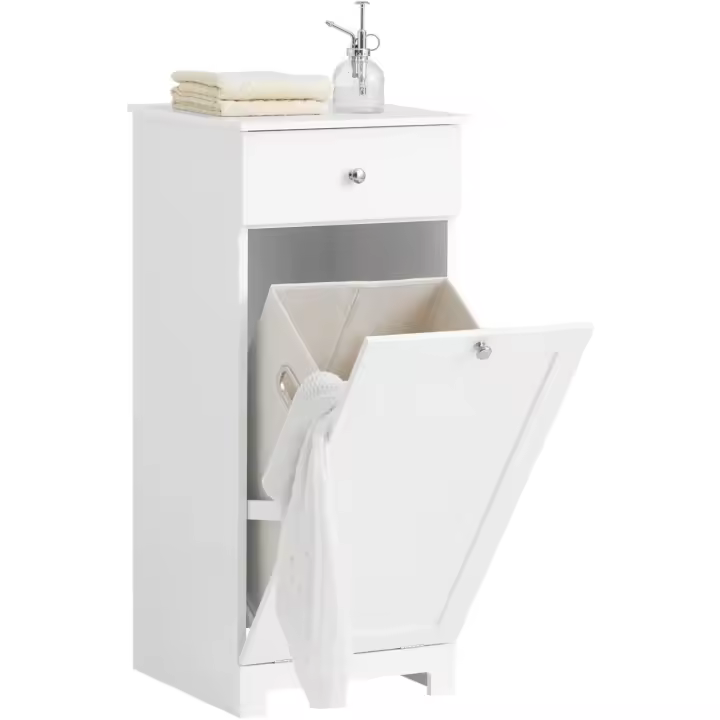 Mueble de baño estrecho con cesto para ropa - Armario compacto con cajón y bolsa extraíble para lavado - Mueble para ropa sucia pequeño en MDF - 1