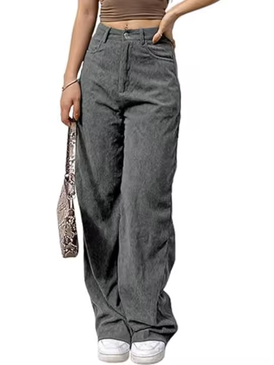 Otoño Invierno pantalones de pana de pierna ancha de cintura alta para mujer moda coreana algodón Casual todos medianos - 1