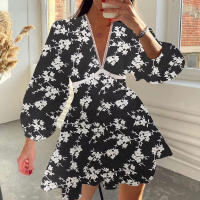 2025 ropa de mujer temperamento floral cintura alta ajustado cuello en V vestido de manga larga corta - details 5