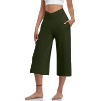 2024 primavera y verano mujeres elástico cintura alta 3/4 pantalón sólido Casual ajuste activo pantalones de pierna Capris anchos pantalones con bolsillos - details 56