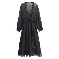 Primavera 2025, Vestido de Mujer con Volantes de Puntos de Malla, Cuello en V y Cintura Elástica, Corte en A, Vestidos Largos Negros - details 0