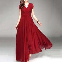 Gran oferta, vestido de noche largo bohemio de Color sólido con manga corta y cuello en V, cintura ajustada - details 4