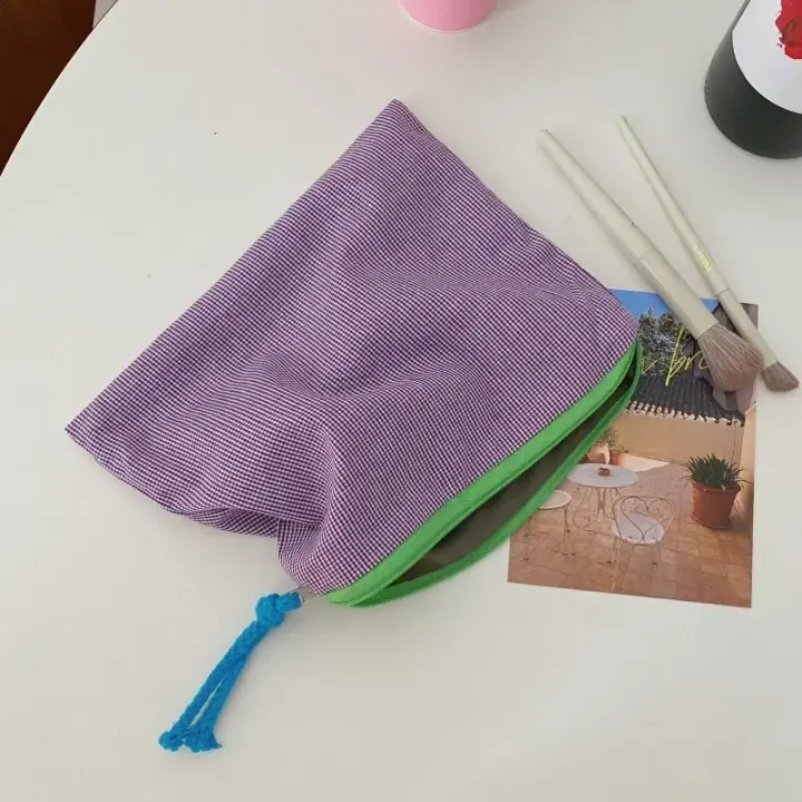 Bolsa de maquillaje generosa portátil, cremallera, tela de algodón, tela de lino - 1