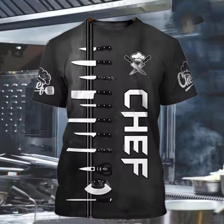 Camiseta de verano para hombre, artículos de cocina de manga corta, ropa de Chef estampada, cuello redondo, ropa de gran tamaño para hombre, camisetas de calle - 1