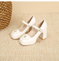 Zapatos de punta cuadrada con tacón grueso y tacón alto plano con hebilla de flor pequeña - details 30