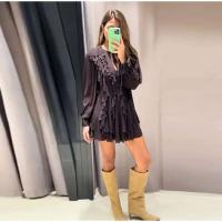 Minivestidos elegantes con cuello en V y volantes para mujer, vestido informal holgado con cordones de manga larga para mujer, batas elegantes de calle alta para primavera 2025 - details 6
