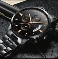 Correa de acero inoxidable business casual calendario reloj de cuarzo para hombres impermeable negro acero fino - details 6