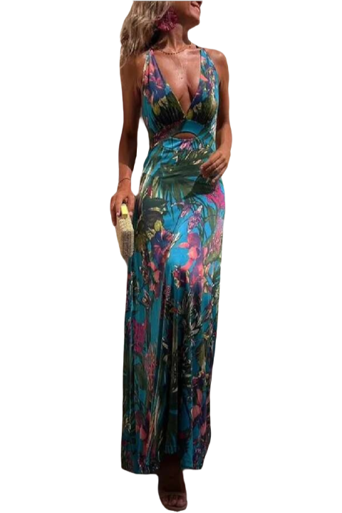 Vestido Largo de Fiesta para Mujer Ouwu Cuello en V Profundo, Espalda sin Mangas, Estilo Bohemio Playero de Verano