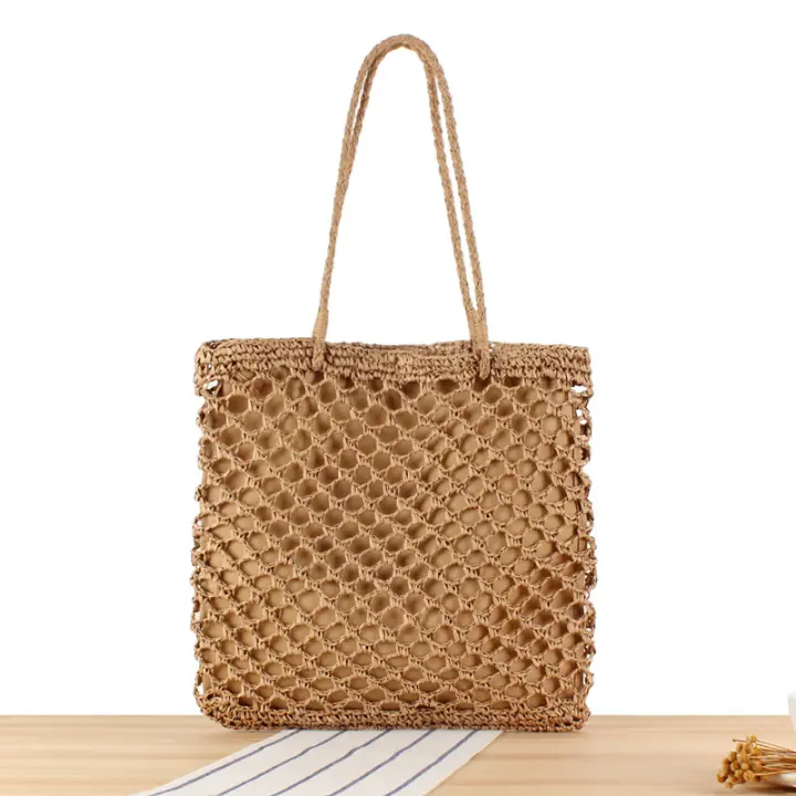 Bolsa tejida de hierba ahuecada hecha a mano, estilo Instagram, turismo de playa y vacaciones, cuerda de papel, un solo hombro - 1