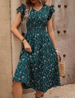 Vestido estampado de verano 2025, nuevo, elegante, para mujer, con cuello en V, lazo en la cintura y mangas con volantes. - details 11