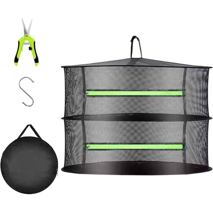 Rejilla para secar hierbas de 2 capas, rejilla para secar colgantes para plantas con cremallera, un gancho en S, una tijera de jardinería, red negra para secar hierbas, flores, brotes, pescado, verduras - 1