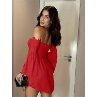 Vestido corto de verano para mujer, de color sólido, con hombros descubiertos y mangas acampanadas - details 9