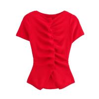 OUWU- Colección Europea Y Americana De 24 Otoño, Nuevo Estilo, Cierre De Botón, Decoración De Volantes, Cuello Redondo, Manga Corta, Top De Punto Para Mujer - details 11