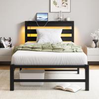 Marco de cama doble con estación de carga y luces LED, plataforma de metal resistente, marco de cama doble de 135 x 190 cm con cabecero de madera con almacenamiento, no necesita - details 25