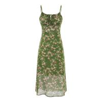 Verano francés nueva mujer estilo europeo y americano Spice Girl verano playa vacaciones falda con tirantes casual fondo verde vestido floral - details 1