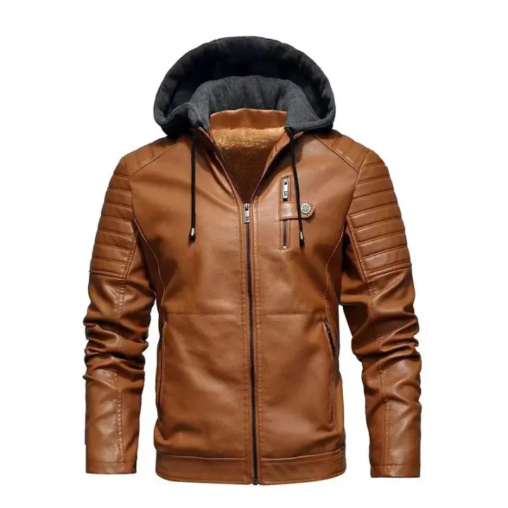 Chaqueta con Capucha de Moda para Hombres Estilo Militar Cuero Falsio Bolsillos con Cremallera - 1