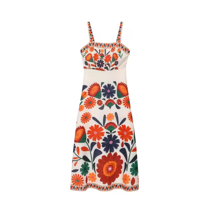 TRAFZA-vestido Midi con estampado Floral para mujer, vestido informal sin mangas con cuello cuadrado y cremallera lateral, estilo de vacaciones a la moda de verano - 1