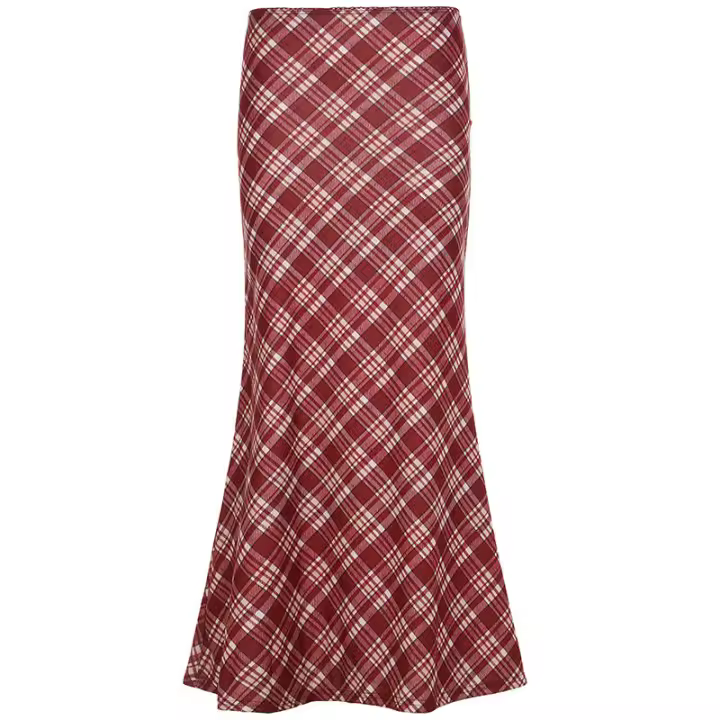 BUNO-Falda trompeta a cuadros roja Y2K, faldas largas de cintura alta para Festival de Navidad, faldas largas de sirena Vintage, pantalones estéticos - 1