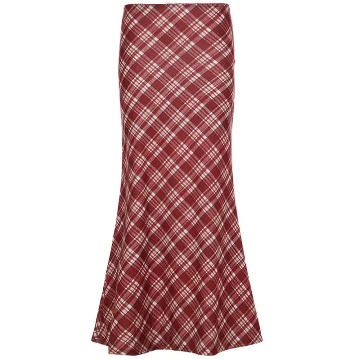 BUNO-Falda trompeta a cuadros roja Y2K, faldas largas de cintura alta para Festival de Navidad, faldas largas de sirena Vintage, pantalones estéticos - 1