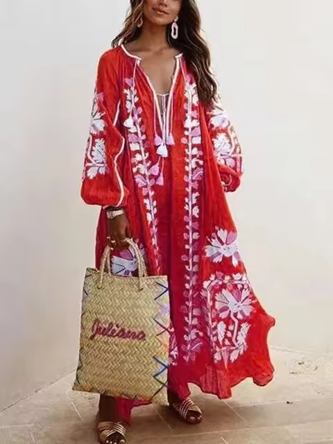 Vestido estampado bohemio para mujer, holgado, informal, con cuello en V, dobladillo grande, vestidos de estilo largo, bata de señora nueva a la moda - 1