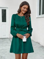 Vestido plisado de manga larga para mujer, minivestido liso con cuello redondo, ropa de fiesta, ropa de calle, primavera y otoño, 2024 - details 5