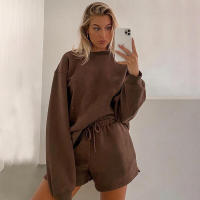 Wind Conjunto de pantalones cortos y sudadera con cuello redondo informal holgado de Color puro para mujer - details 20