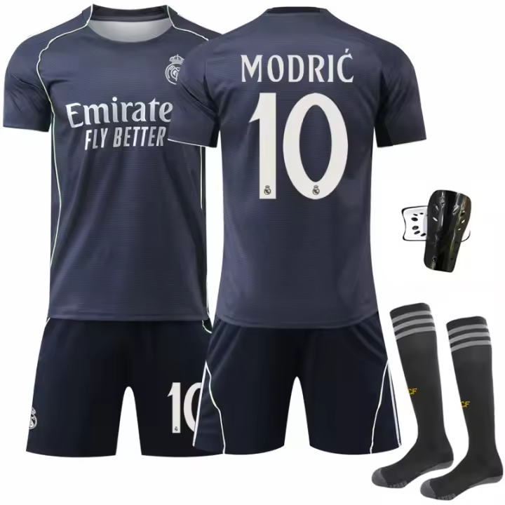 Conjunto de réplica oficial del Real Madrid 2025/26 para visitante - Para adultos/niños - Con camiseta + pantalones cortos + calcetines + almohadilla - 1
