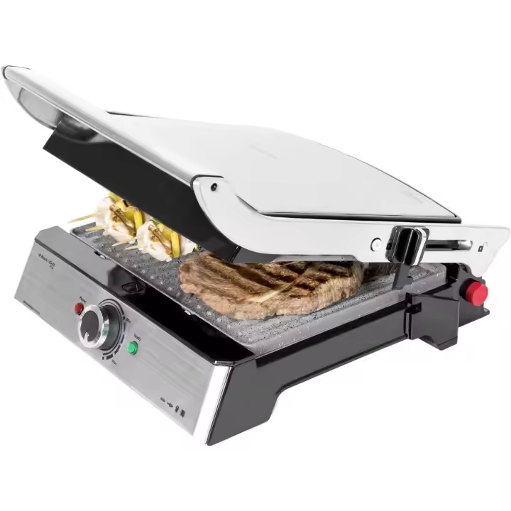 Parrilla Eléctrica de Piedra Revestida Placas Extraíbles y Reversibles, Apertura de 180ª, Superficie Amplia 2200 W, Acero Inoxidable - 1
