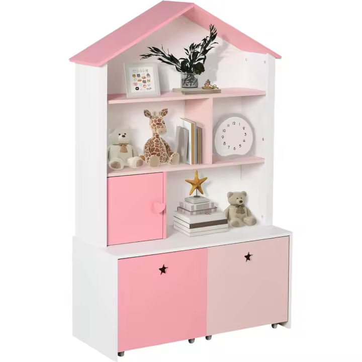 Estantería de Madera para Niños 4 Compartimentos, Puerta y Cajones Extraíbles con Ruedas - 1