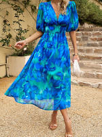 Vestido de verano de estilo callejero para mujer, traje elegante y Sexy con cuello en V, estampado de flores, mangas farol, largo, 2024 - details 12