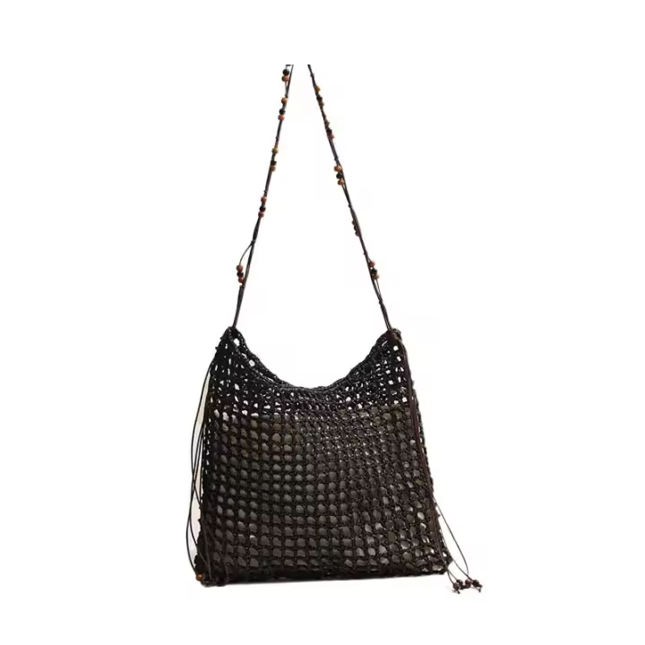 Bolso de paja cuadrado de un solo hombro con cuentas de madera, bolso cruzado de moda, bolso de paja tejido hueco, bolso de vacaciones para mujeres en la playa - 1