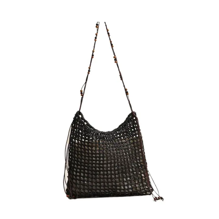 Bolso de paja cuadrado de un solo hombro con cuentas de madera, bolso cruzado de moda, bolso de paja tejido hueco, bolso de vacaciones para mujeres en la playa - 1