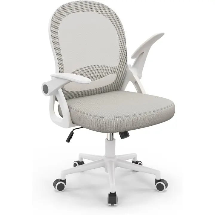 Silla de Oficina, Silla de Escritorio Ergonómica con Malla Transpirable, Reposabrazos Abatibles, Silla para Ordenador de Altura Regulable, Silla Giratoria de 360 ° , Gris - 1