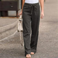 Pantalones Largos Sólidos Para Mujer Casual Algodón Lino Con Cordón Cintura Elástica Pierna Ancha Estilo Callejero Ropa De Mujer - details 6