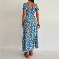 Vestido de mujer, novedad de verano 2025, vacaciones, pausa para el té, cuello cuadrado, falda de longitud media, mangas de burbuja, vestido con abertura Floral francés - details 33