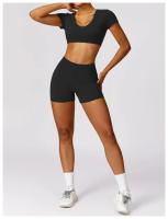 Conjunto de mallas de yoga, top, conjunto deportivo Fiess de manga corta, material de nailon para mujer, patrón sólido adaptable para primavera/verano - details 25