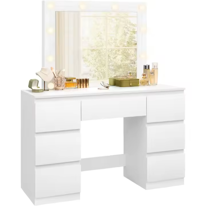 Tocador de Maquillaje con Espejo LED Iluminación Regulable, 7 Cajones, Diseño de Dormitorio con Almacenamiento - 1