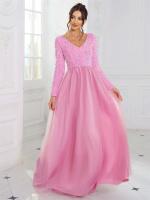 Elegante Vestido de Terciopelo con Lentejuelas Cuello en V, Manga Larga, Red de Cetín, Azul Cielo y Rosa, Perfecto para Fiestas - details 11