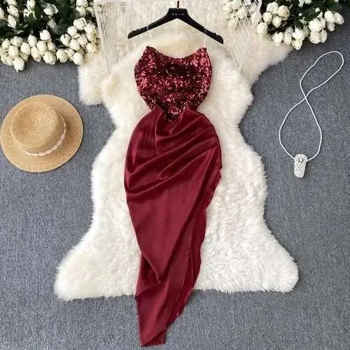 Vestido elegante de lentejuelas asimétrico con espalda descubierta, sin mangas, moda coreana, Vintage, para verano - 1