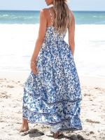 Verano para mujer con cuello en V, sin mangas, corte floral, ahumado, con volantes, maxi vestido formal de playa - details 3