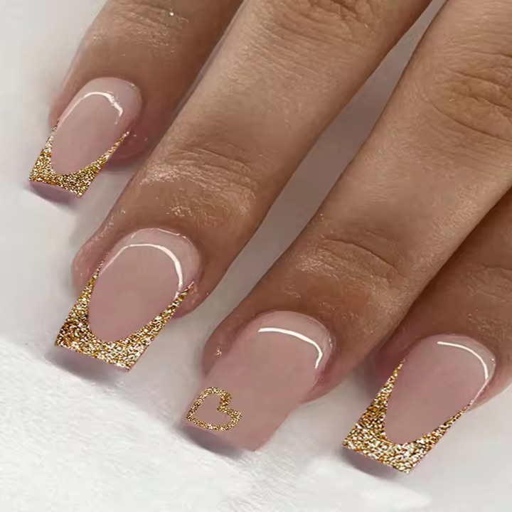 Set de 24 uñas postizas con lentejuelas rosas y naranjas estilo francés, uñas de tapa pre-prensadas, cubiertas superiores para fiesta - 1