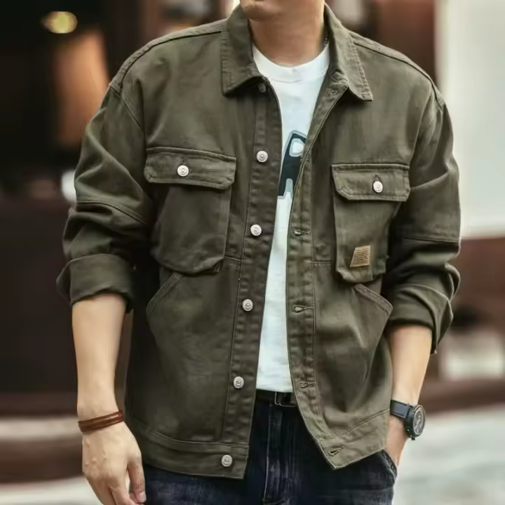 Chaqueta de mezclilla para hombre, holgada, con solapa retro americana, moda informal, ropa de abrigo para primavera y otoño - 1
