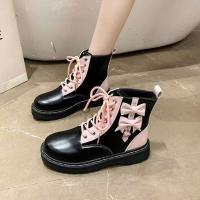 Tobillo con lazo rosa para mujer en otoño, botas cortas de suela gruesa de cuero PU - details 5