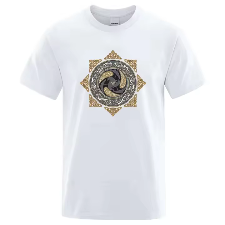 Camiseta casual de manga corta básica con estampado retro de vikingos de algodón para hombre, top de verano - 1