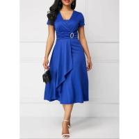 Vestidos de verano elegantes, color sólido, mangas cortas, cuello en V, dobladillo asimétrico, cintura delgada, vestido de fiesta hasta la rodilla, para mujer - details 7